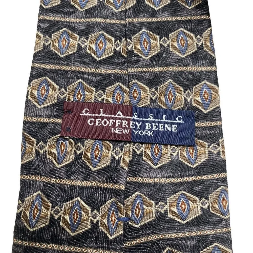 Geoffrey Beene Tie Men's Necktie Silk Black Geometric Blue Brown Maroon USA